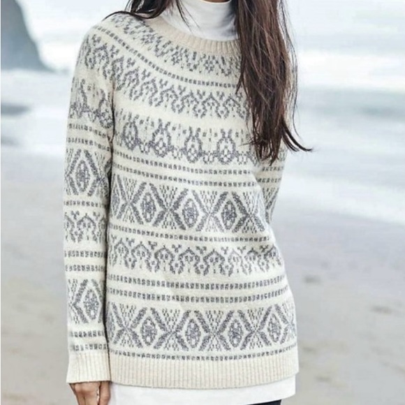 #32 J Jill Sweater Fair Isle White Gray Oversized Round Neck WM SZ M Warm Cozy - Picture 1 of 13